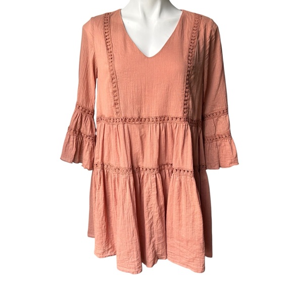 Listicle Dresses & Skirts - Listicle Boho V-Neck Tiered Bell Sleeve Cotton Mini Dress, Sz M